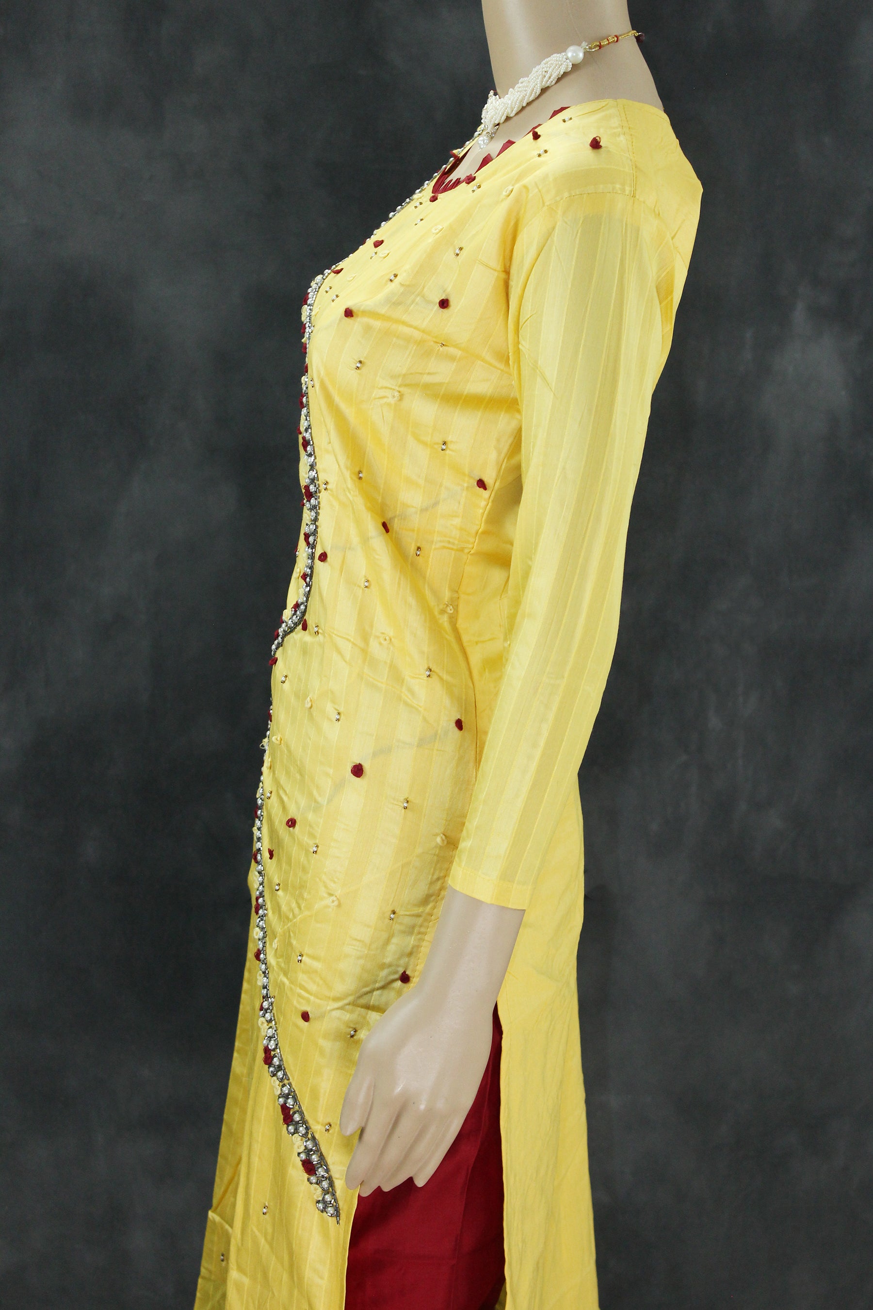 Yellow Silk Cotton Kurti with Elastic Pant Set, Aari and Thread Work with Beads for Women