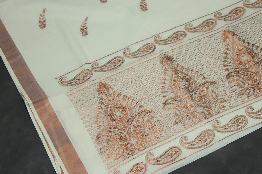 Pure Kerala Cotton Saree with Copper Zari Peacock & Leaf Embroidery, White Body with Traditional Border