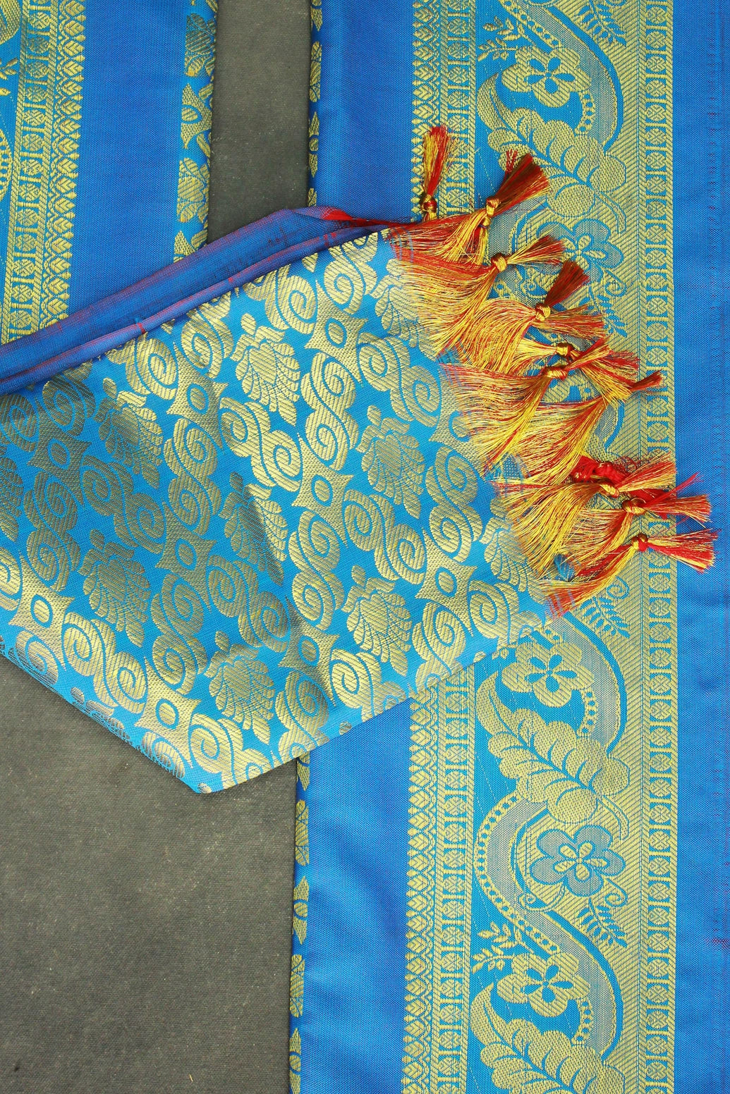 Blue Zari Pattu Shawl (Ponnadai) for Arangetram and Events, Traditional Silk-Style Tassels