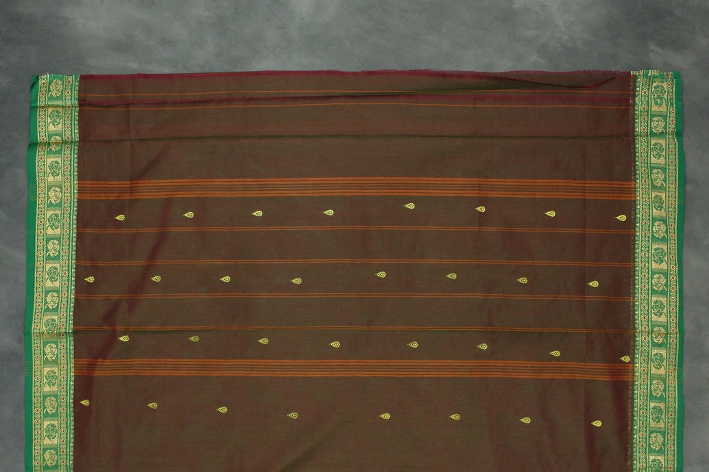 Brown & Green Printed Poly Cotton Butta Saree with Green Thread Border, Traditional Small Butta Motifs Saree JCS Fashions