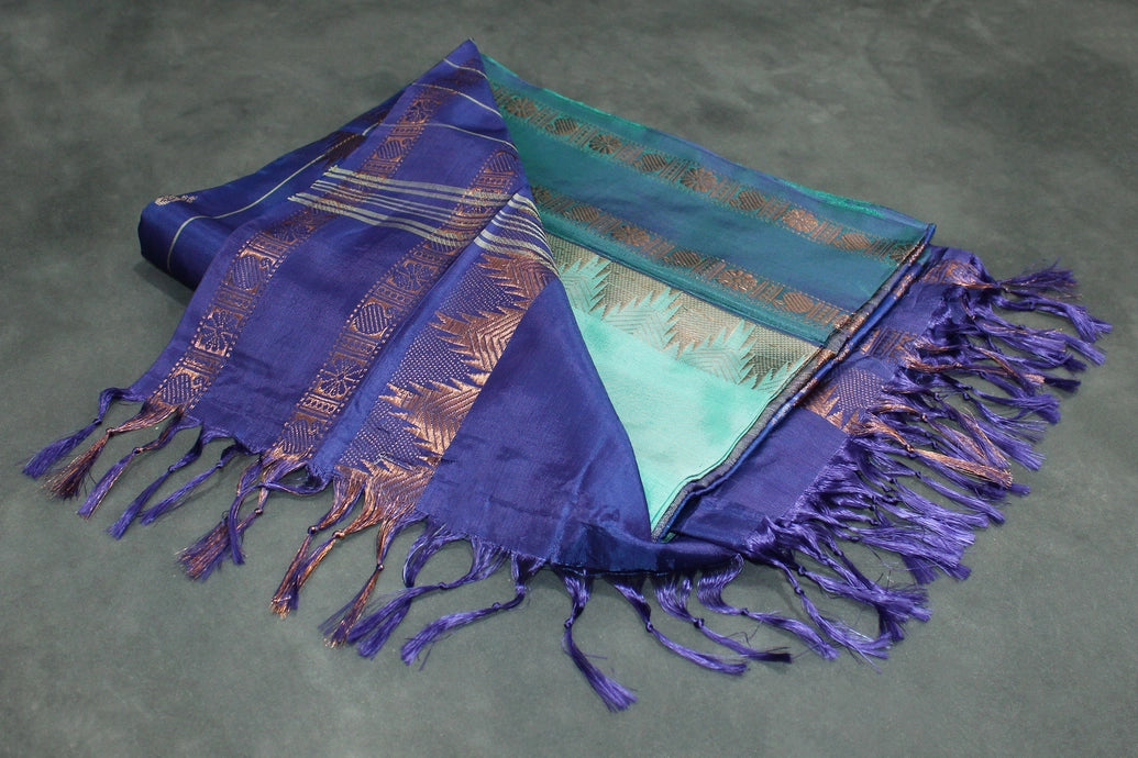Vaazhai Naar (Banana Pith) Saree with Zari Border and Buttas - Light Green with Purple Pallu