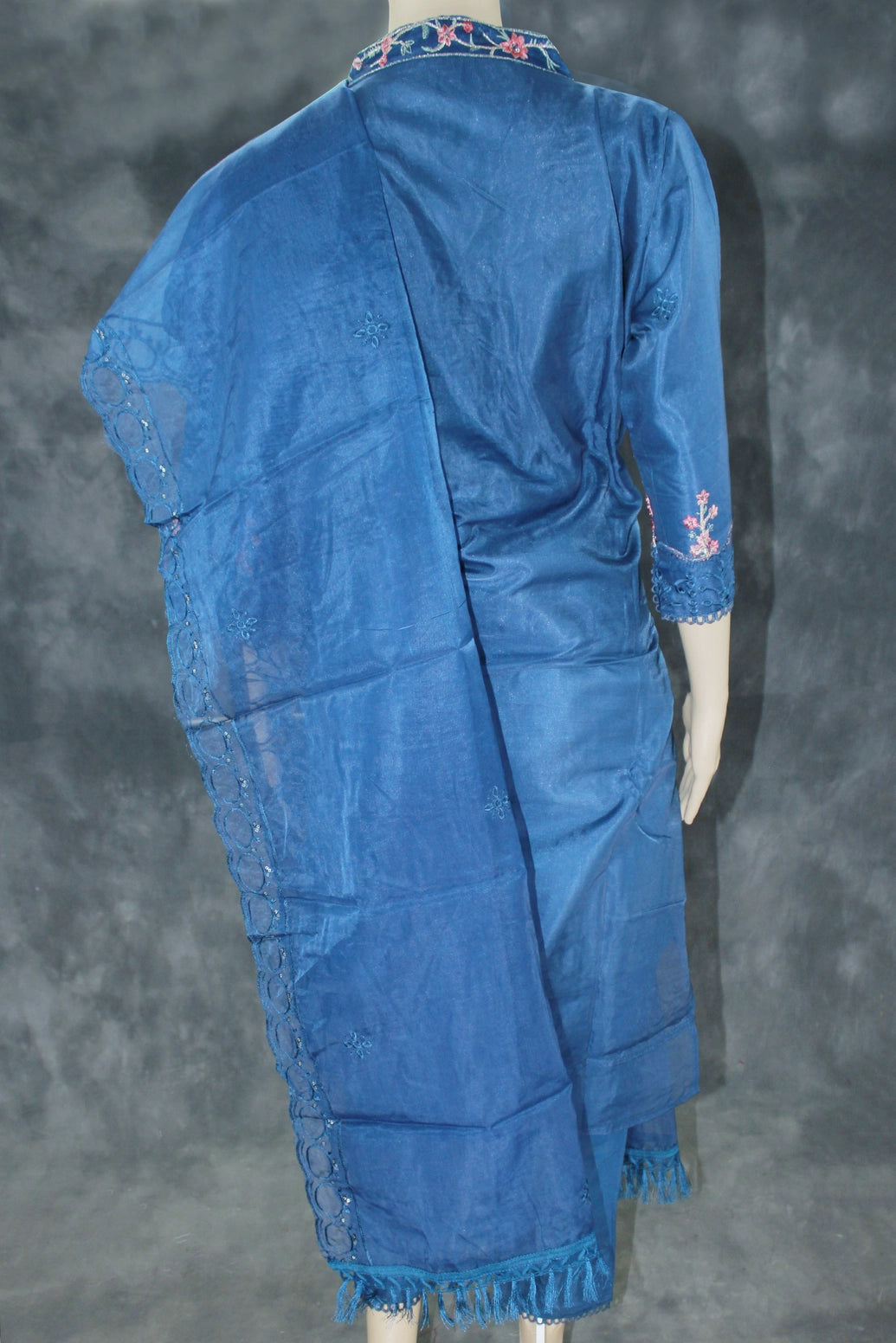 Navy Blue 3-Piece Organza Kurti Set with Khatli Work, V-Neck Embroidery & Sequins, Suit Bottom & Border Dupatta
