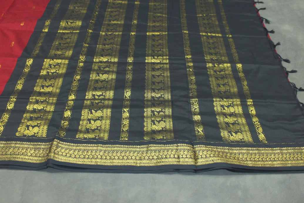 Kalyani Dark Red Cotton Saree with Black Golden Zari Border and Putta Motifs - Blouse Included Saree JCS Fashions
