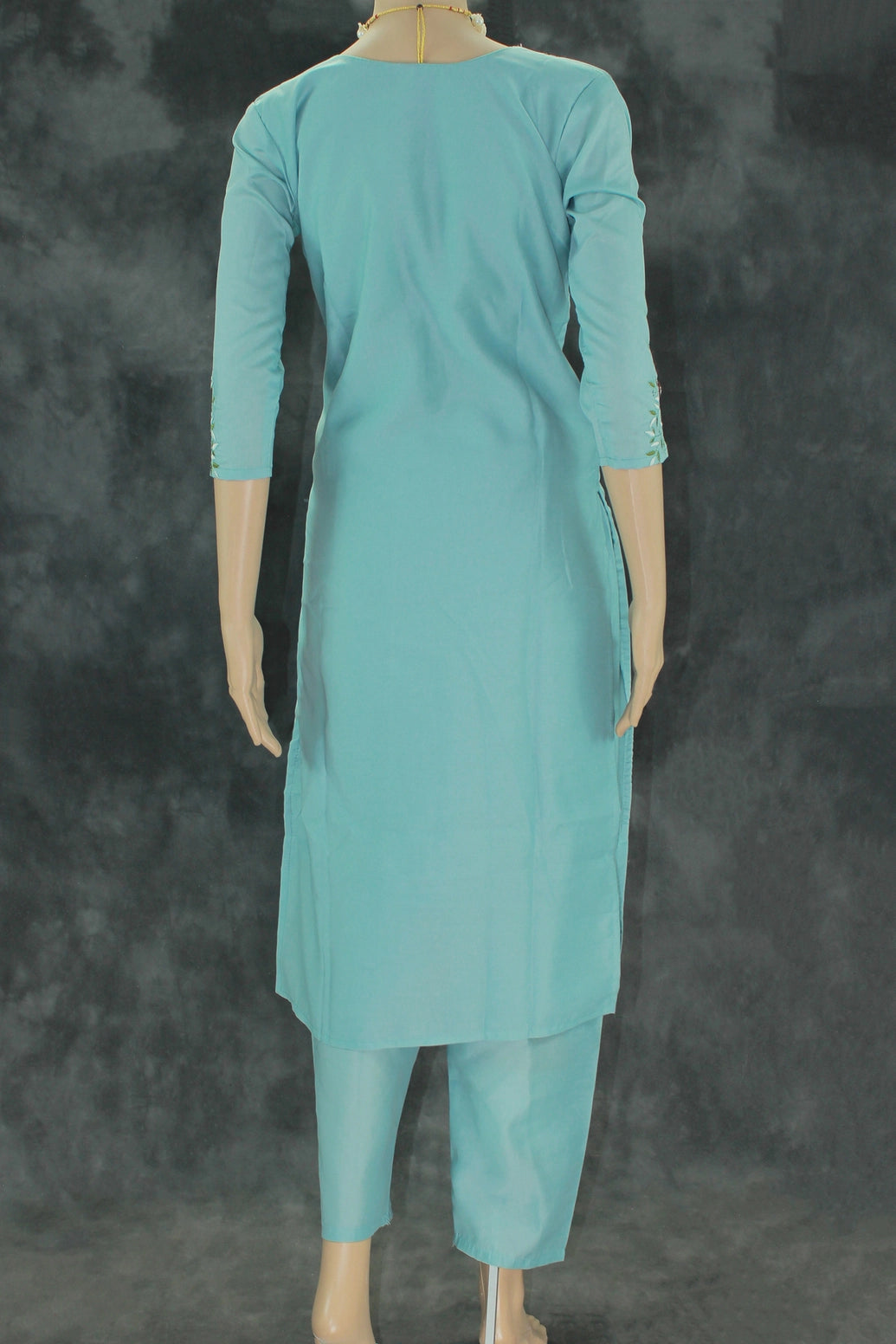 Pastel Blue Roman Silk 3-Piece Kurti Set with V Neck, Elastic Pant & Organza Zari Dupatta