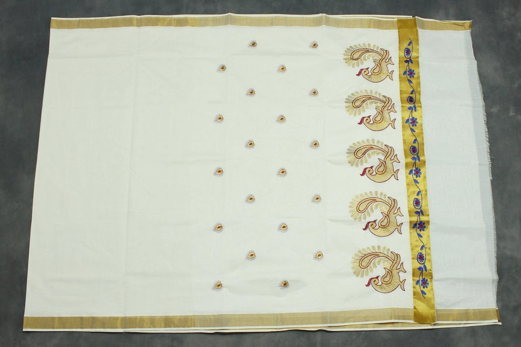 Pure Kerala Cotton White Saree with Gold Zari Peacock Embroidery Pallu – Blouse Piece Included