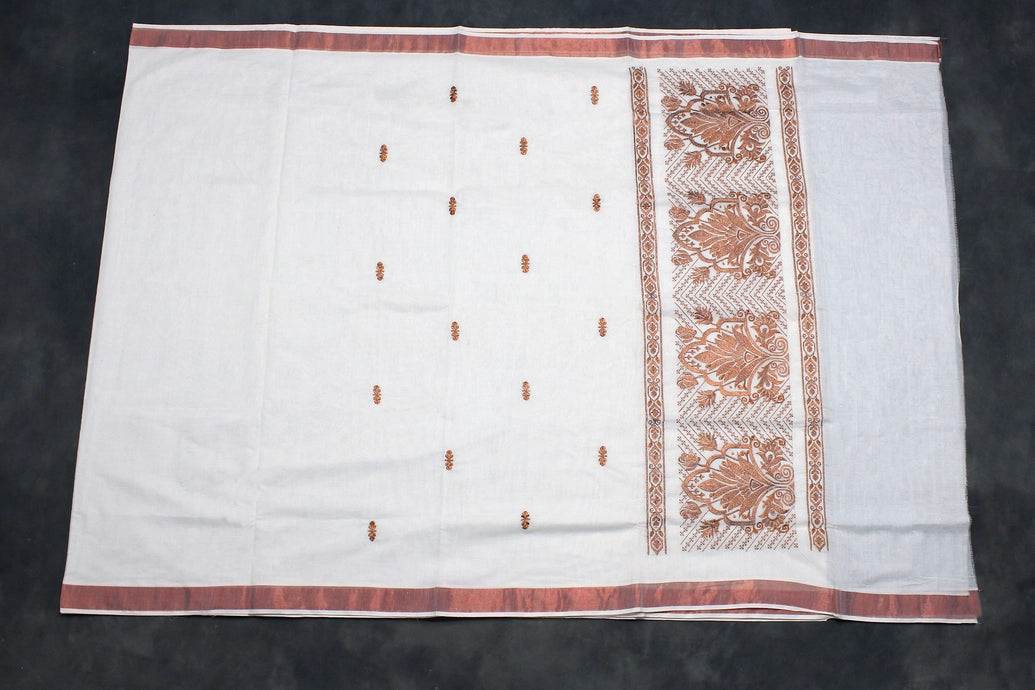 Pure Kerala Cotton White Saree with Copper Zari Peacock Embroidery and Blouse Piece