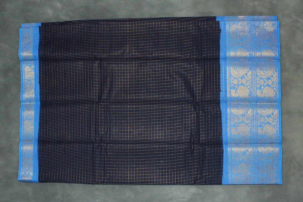 Pure Sungudi Cotton Navy Blue Checked Saree with Contrasting Blue Pallu & Peacock Gold Zari Double Border Saree JCS Fashions