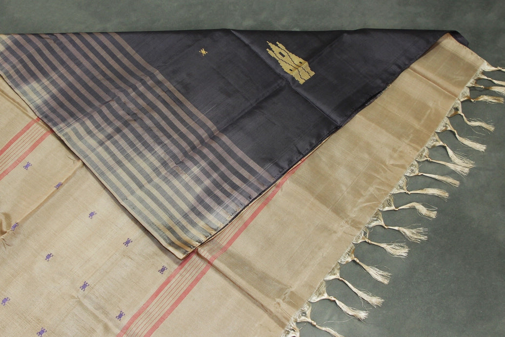 Light Brown Vaazhai Naar (Banana Pith) Saree with Small Purple Butta and Dark Contrast Pallu