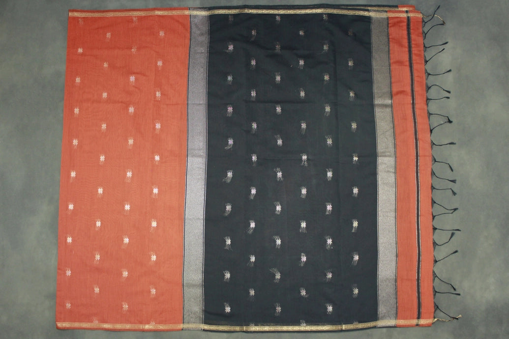 Maheswari Silk Cotton Saree in Brown with Small Butta and Zari Border and Blouse Piece