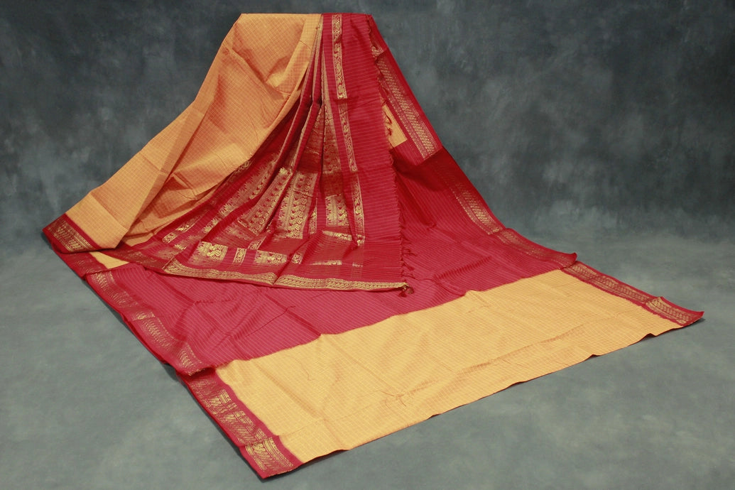 Orange Kalyani Cotton Saree with Zari Checked and Peacock Border and Blouse