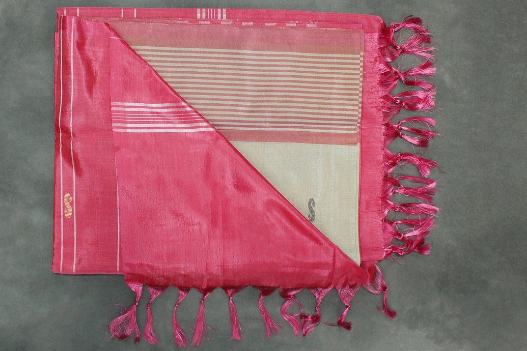 Banana Pith (Vaazhai Naar) Borderless Saree in Beige & Rose Pink with Small Butta