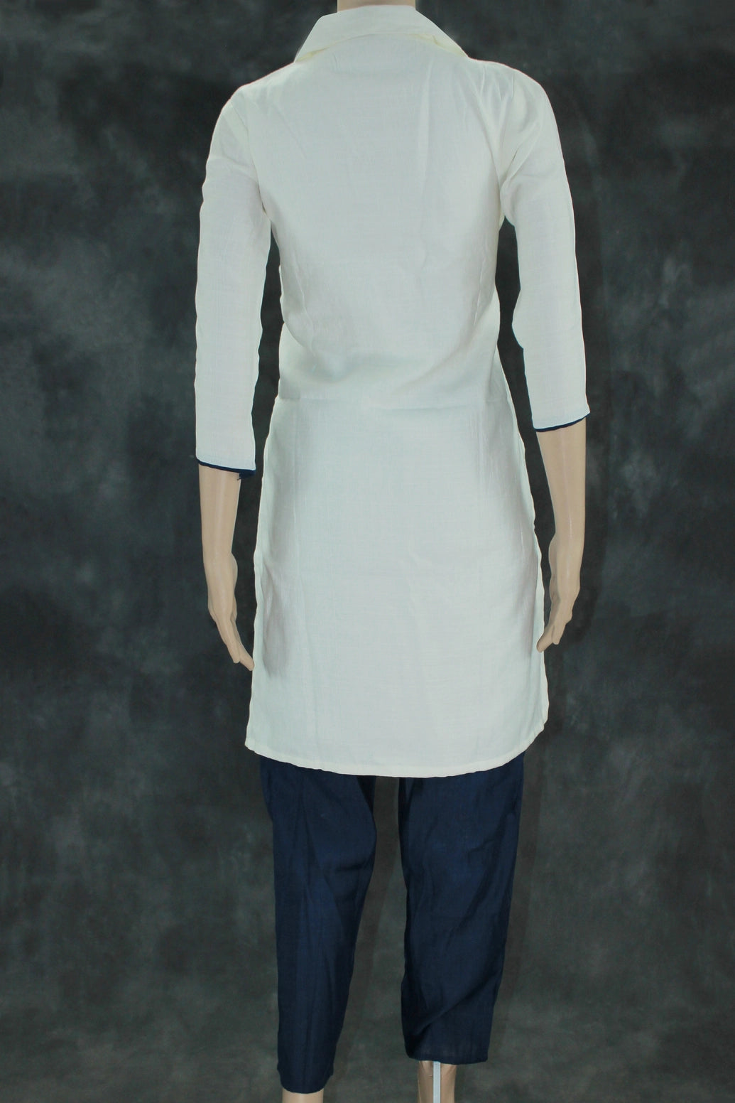 White Cotton-Rayon Embroidered Floral Kurti with Navy Pants - 2PC Set