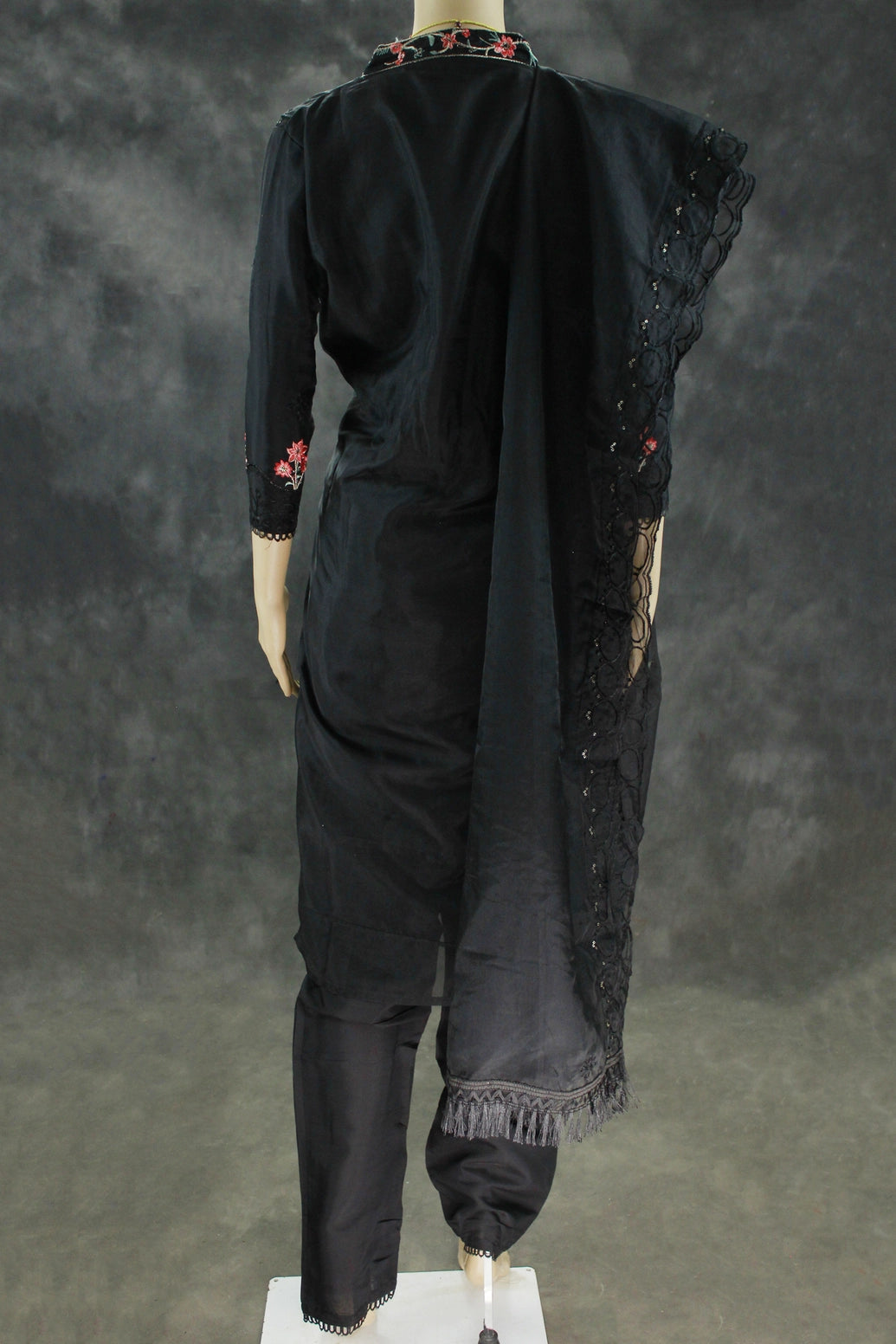 Black Organza 3-Piece Salwar Suit Set with Khatli Work Kurti, Roman Silk Bottom & Border Dupatta