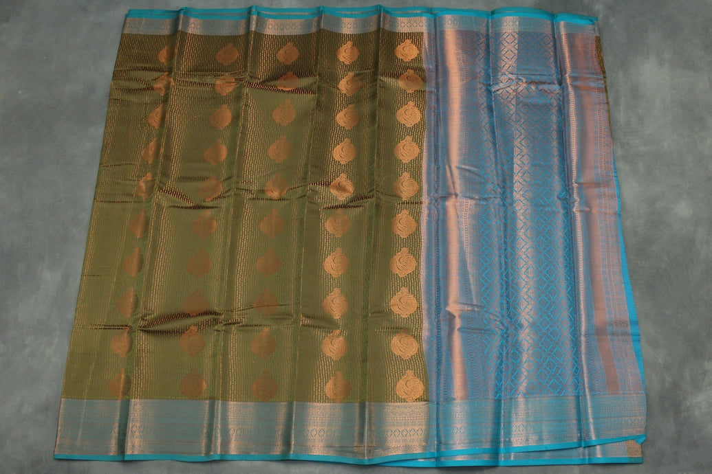 Bridal Kubera Pattu Saree Mehendi Green with Teal Blue Zari Border - Full Body Zari Work Saree JCS Fashions