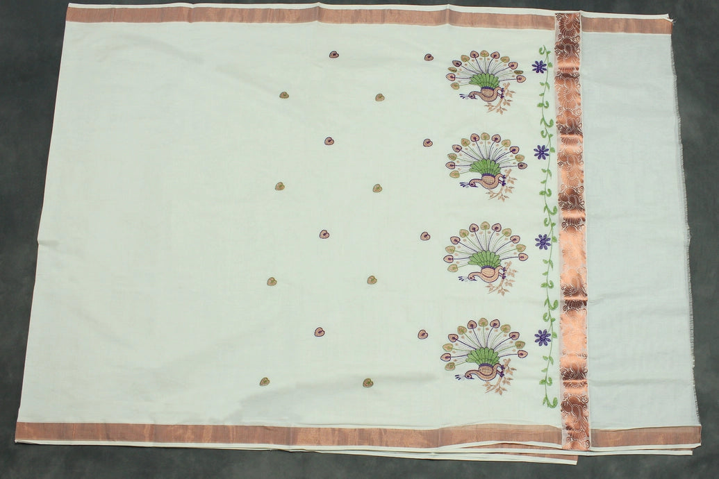 Pure Kerala Cotton Saree with Copper Zari Peacock Embroidery - White