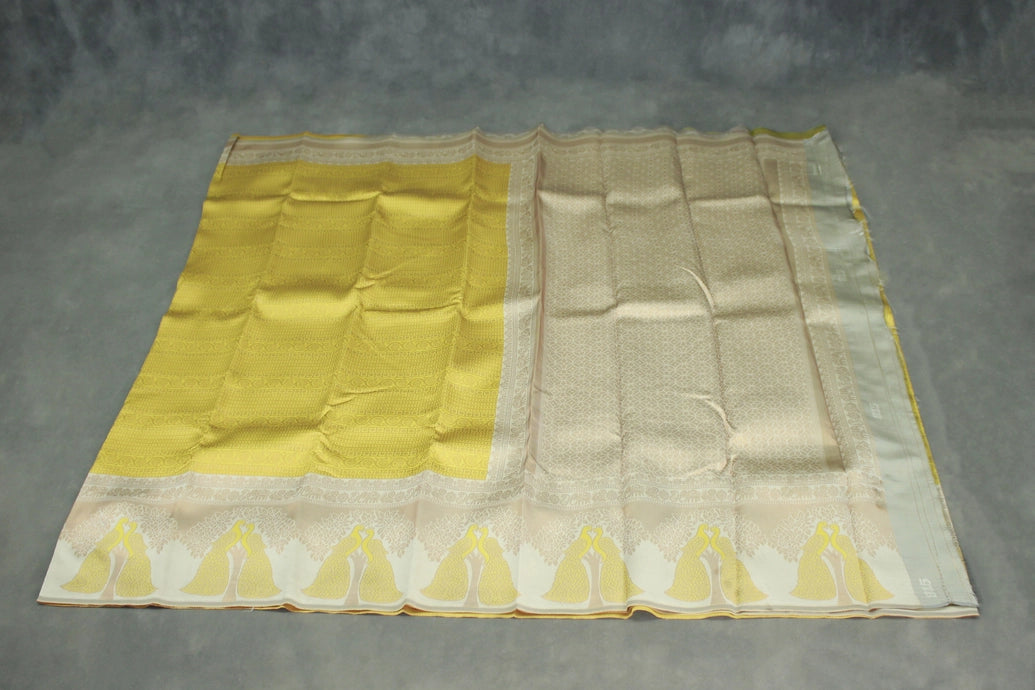 Mustard Yellow Kubera Silk Saree with Peacock Border and Contrast Pattern, Semi Silk Saree with Blouse