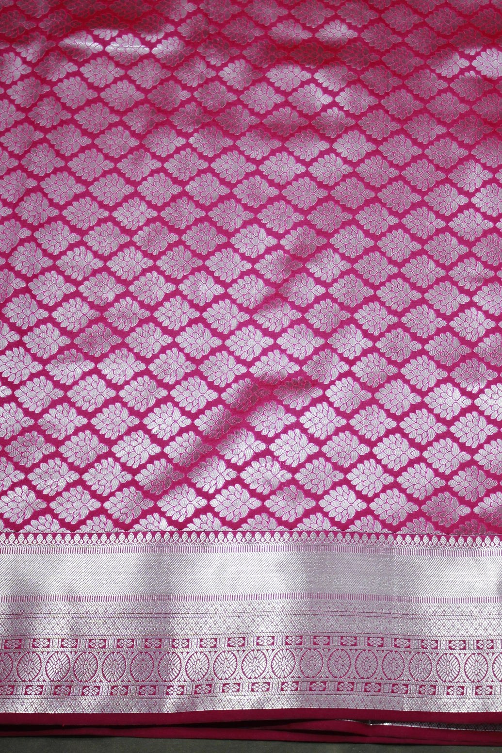 Magenta Pink Bridal Vaira Oosi Saree with Silver Zari Border and Matching Blouse, Soft Silk