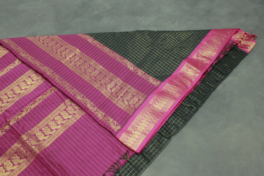 Kalyani Cotton Saree in Black with Zari Checked & Peacock Border and Blouse