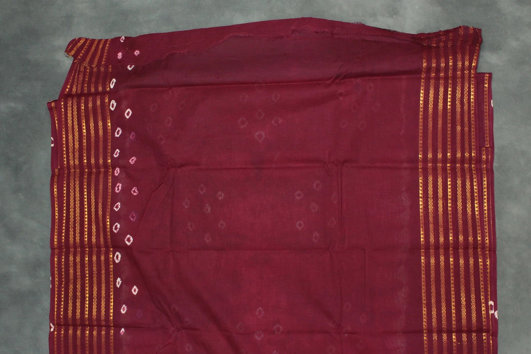 Pure Sungudi Cotton Bandhani Saree - Purple with Golden Zari Border, Unstitched Blouse Included
