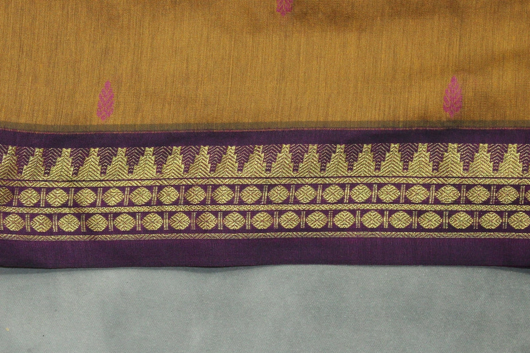 Silk Cotton Dark Mustard Saree with Purple Grand Pallu and Thick Zari Border Saree JCS Fashions
