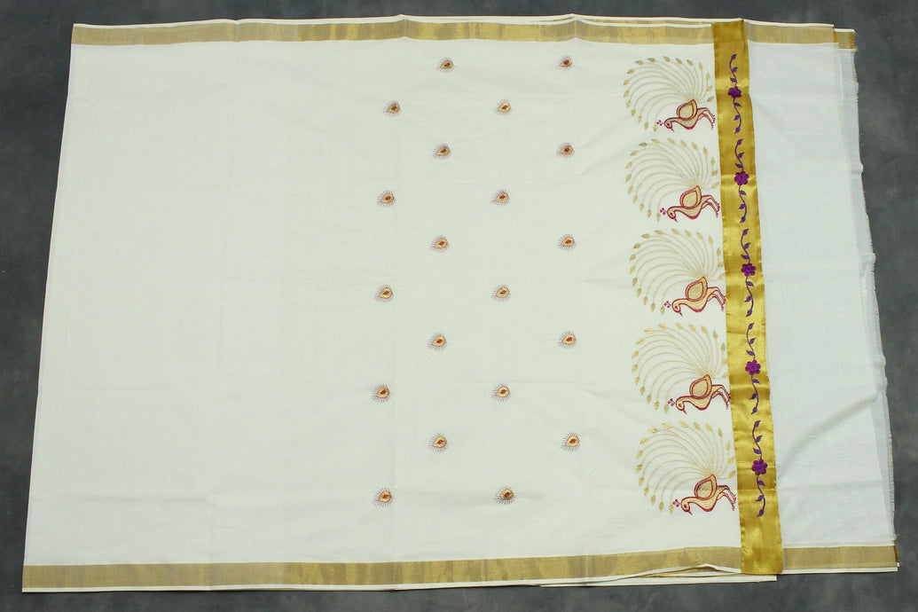 Pure Kerala Cotton White Saree with Gold Zari Peacock Embroidery