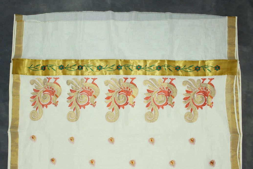 Pure Kerala Cotton White Saree with Gold Zari Peacock Embroidery and Blouse Piece