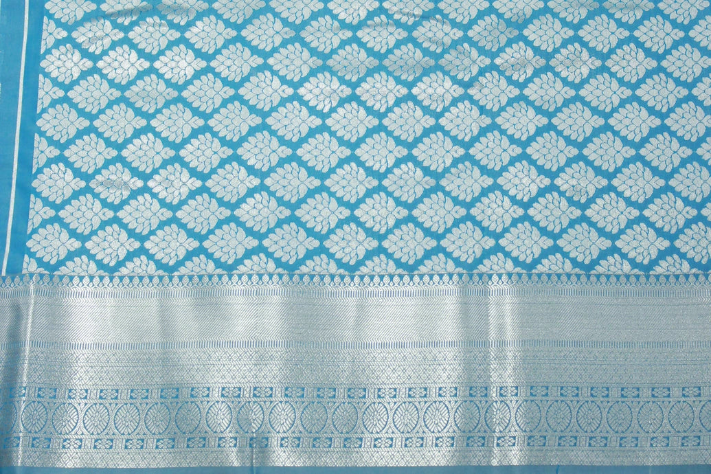 Blue Soft Silk Bridal Vaira Oosi Saree with Silver Zari Border and Blouse