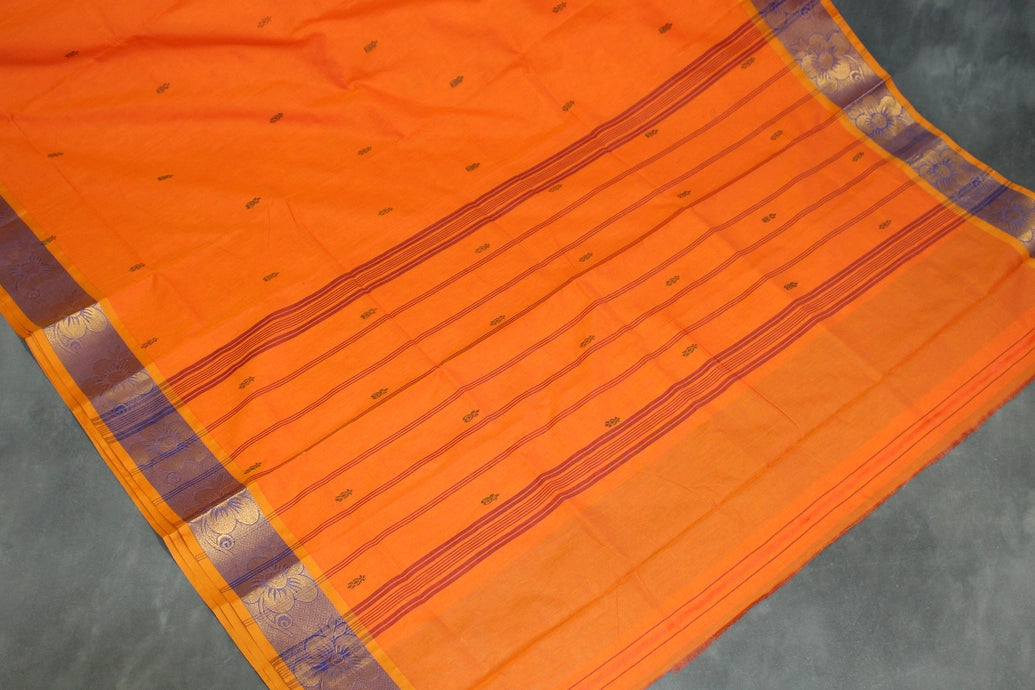 Orange Poly Cotton Saree with Zari Floral Border and Buttas Saree JCS Fashions