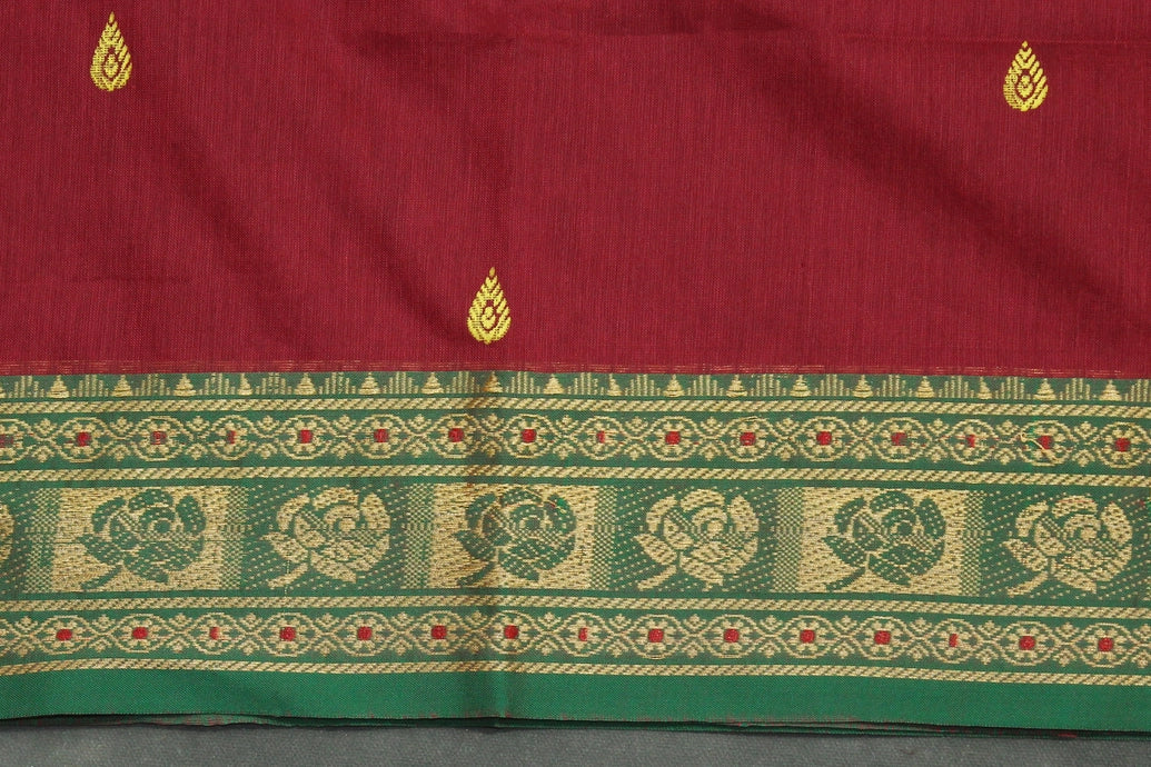 Red Poly Cotton Butta Saree with Green-Gold Thread Border - Traditional Indian Saree Saree JCS Fashions
