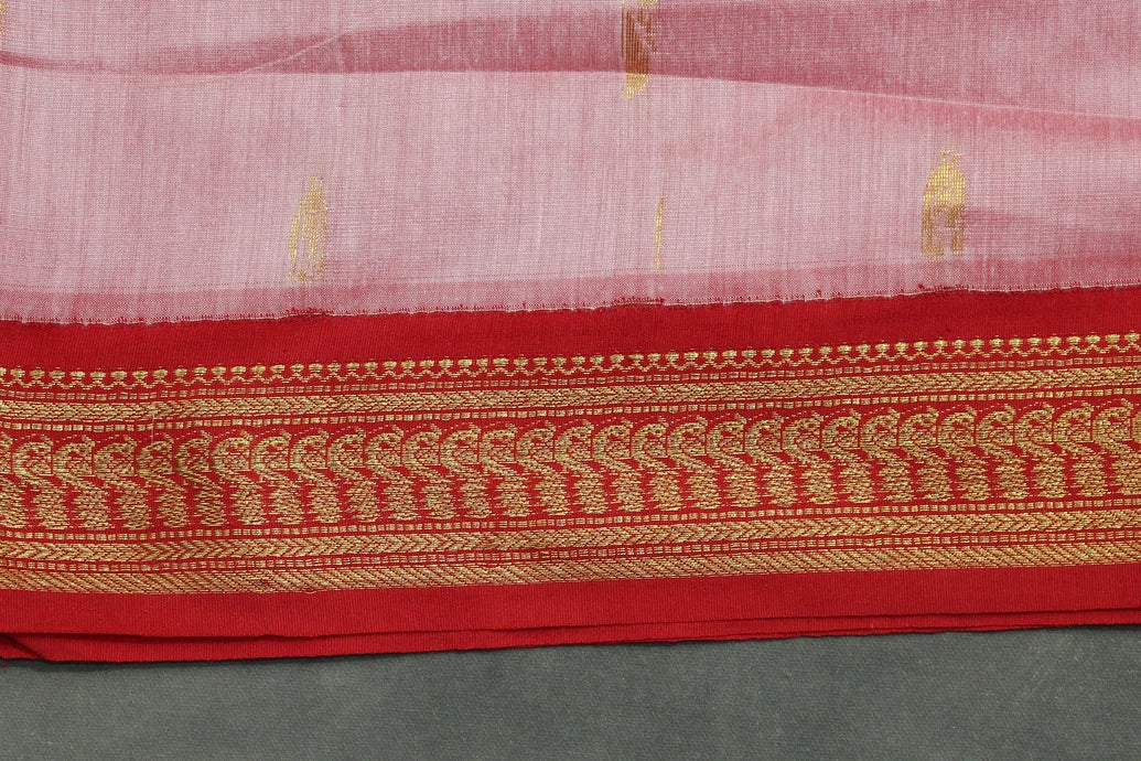 Pink Silk Cotton Saree with Thick Golden Zari Border, Full-Body Buttas and Grand Pallu Saree JCS Fashions