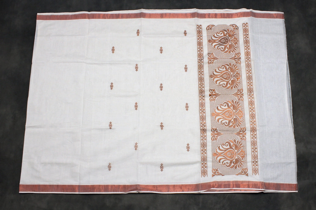 Pure Kerala Cotton White Saree with Copper Zari Peacock & Leaf Embroidery