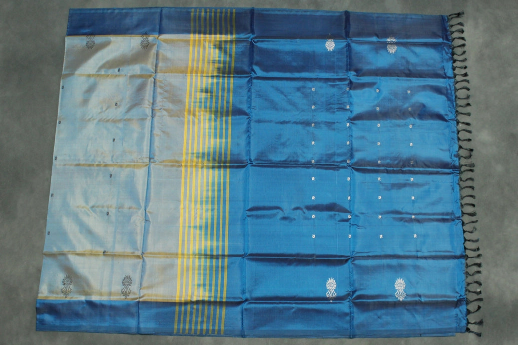 Peacock Blue Vaazhai Naar (Banana Pith) Saree - Borderless with Small Butta