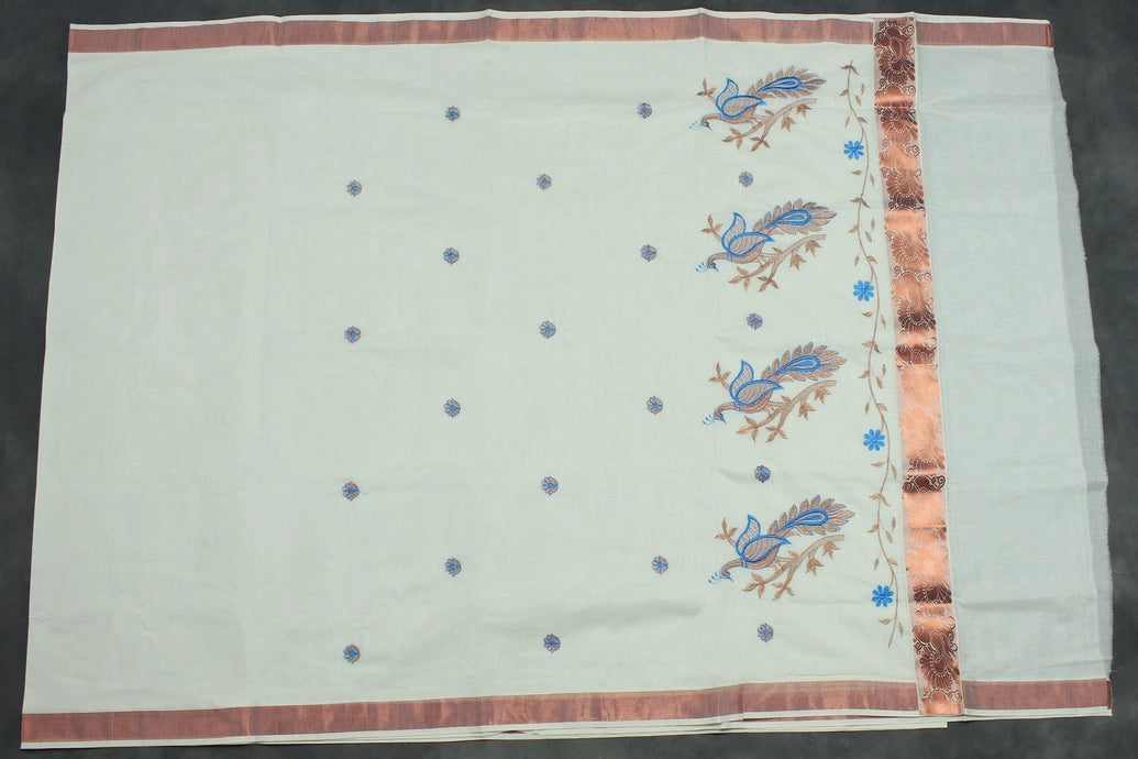 White Pure Kerala Cotton Saree with Copper Zari Peacock & Floral Embroidery, Includes Blouse Piece