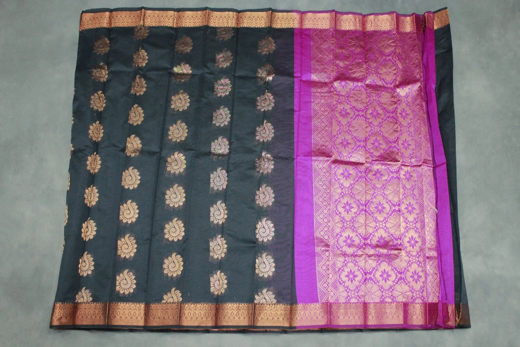 Black Silk Cotton Saree with Zari Floral Border and Blouse Piece, Traditional Wedding Festive Wear