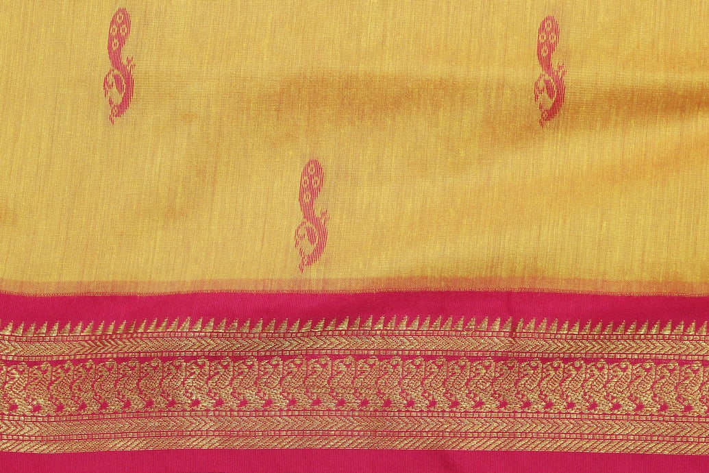 Silk Cotton Yellow & Pink Saree with Grand Pallu and Thick Zari Border
