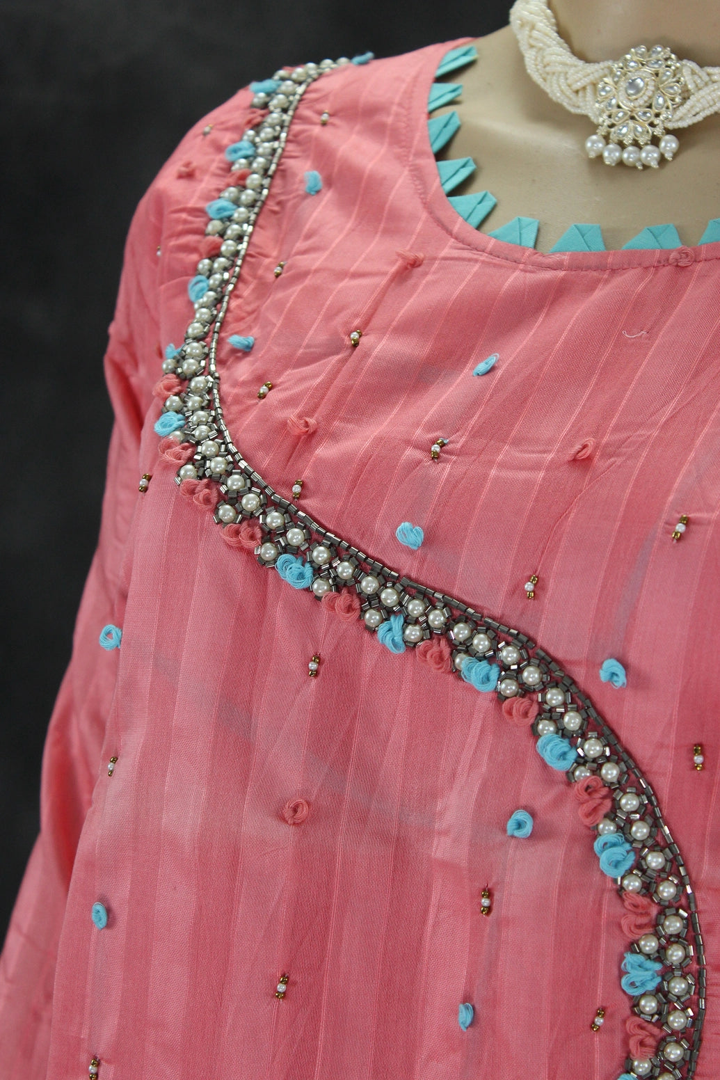 Pink Silk-Cotton Embellished Kurti Set with Pearl Beads, Aari & Thread Work - Top with Elastic Pant Kurti JCS Fashions