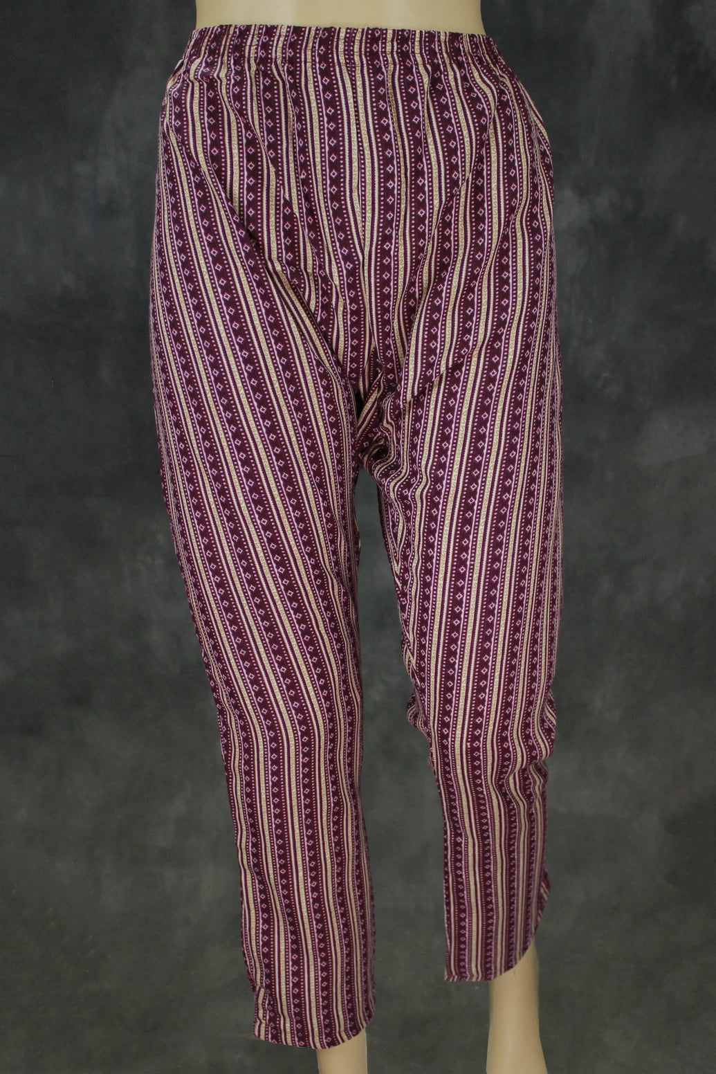 Dark Purple Floral Printed Kurta Set with Striped Elastic Pants - 2 Piece Rayon-Cotton Kurti Pajama for Casual Ethnic Wear