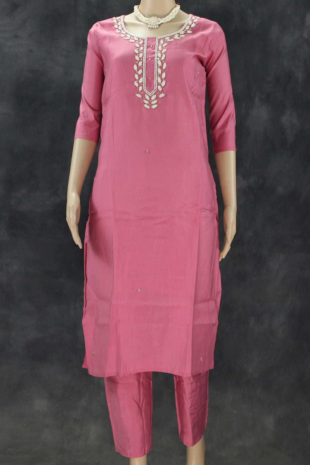 Soft Pink Roman Silk 3-Piece Salwar Kameez Set with Aari & Pearl Neck Embroidery and Organza Digital Dupatta Kurti JCS Fashions