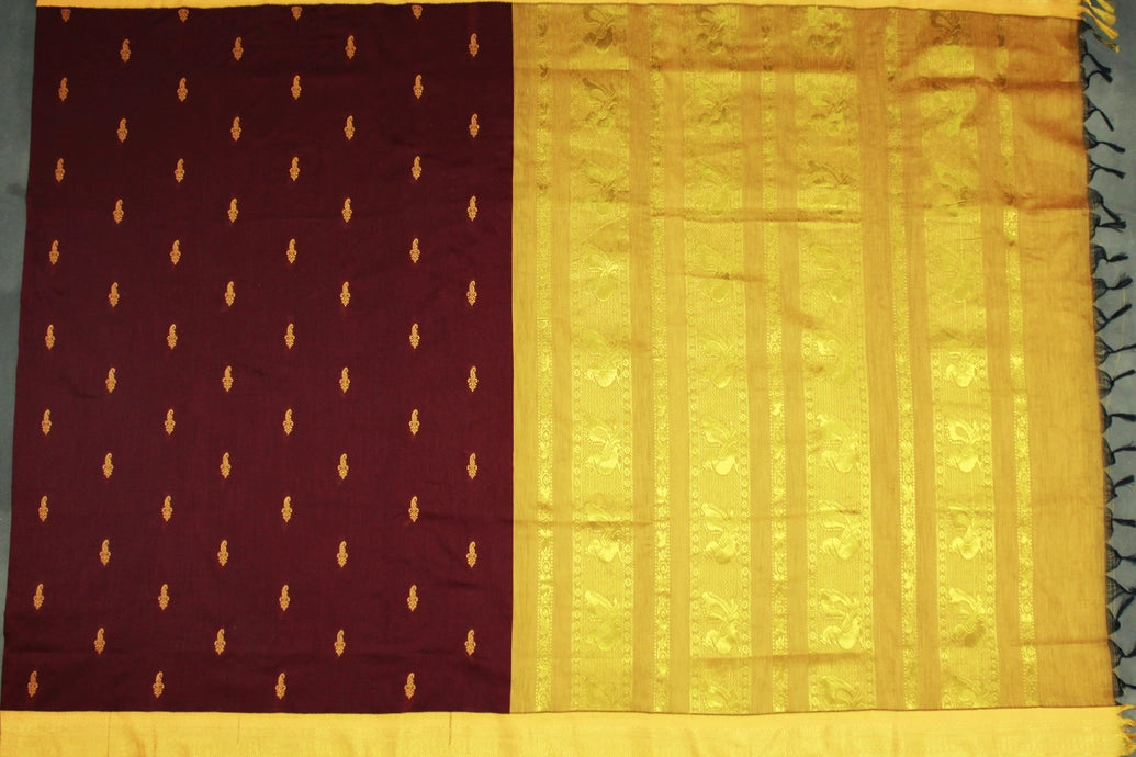Maroon Kalyani Cotton Saree with Puttam Design and Zari Border and Blouse
