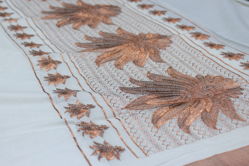 Pure Kerala Cotton Saree with Copper Zari Peacock & Leaf Embroidery, White