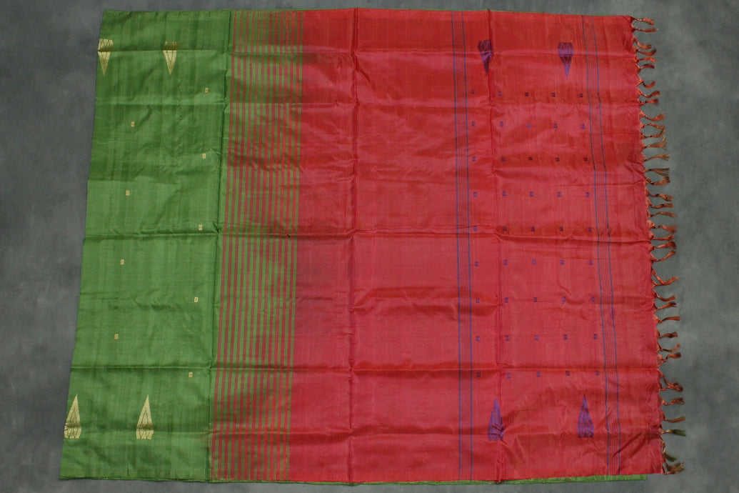 Banana Pith (Vaazhai Naar) Red & Green Borderless Saree with Small Buttas