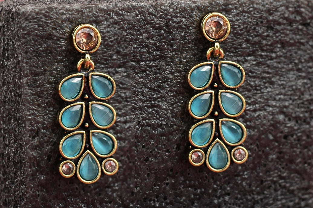 Gold-Tone Antique Leaf Drop Earrings with Sea Blue Teardrop Stones Jewelry JCS Fashions