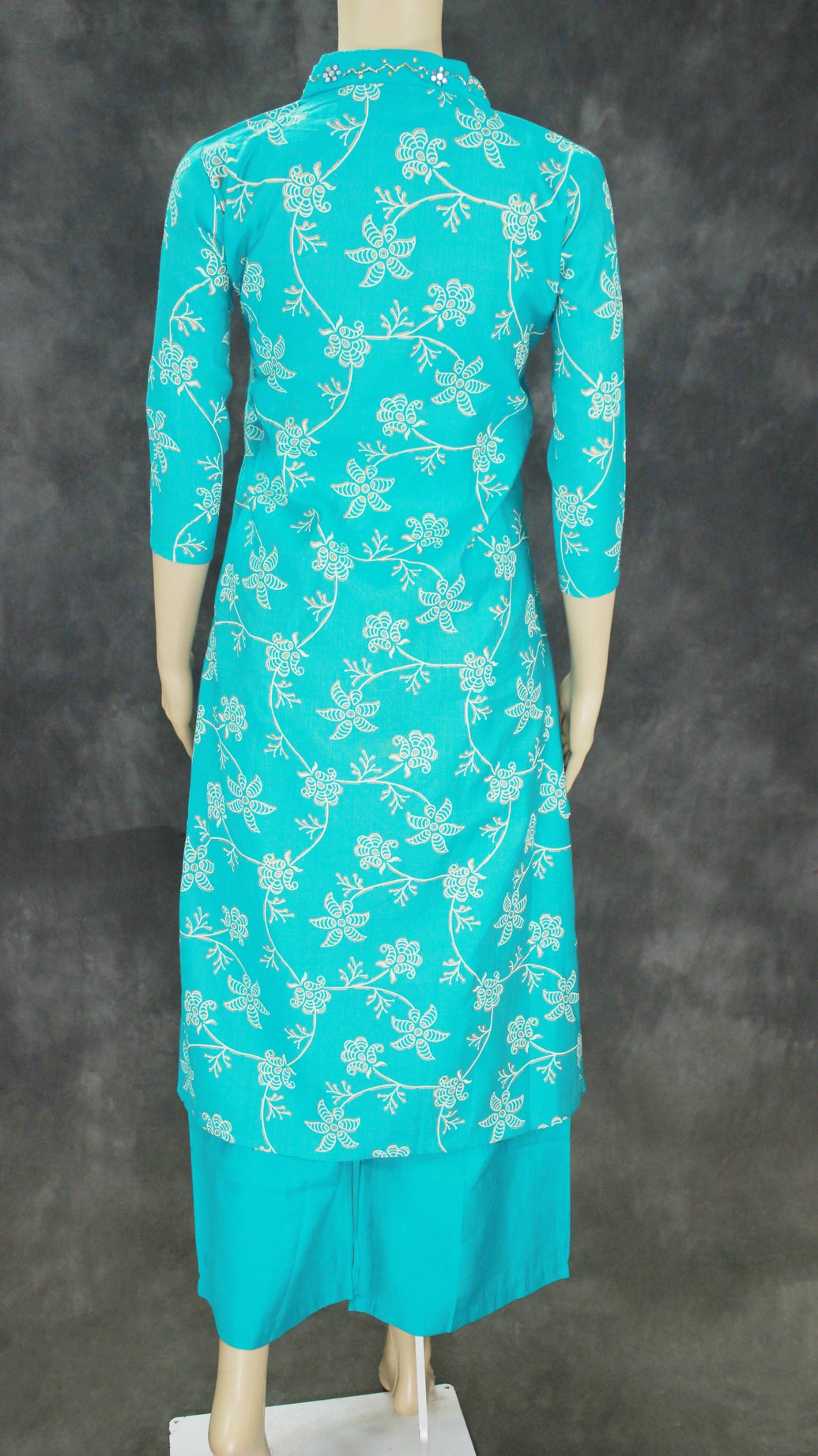 Aqua Blue Cotton 3-Piece Kurti Set with V Neck Aari Mirror Work, Elastic Pant and Chiffon Dupatta