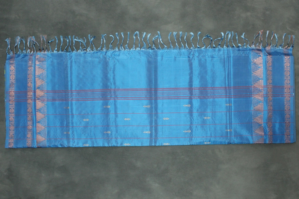 Blue Vaazhai Naar (Banana Pith) Saree with Copper Zari Border and Small Buttas