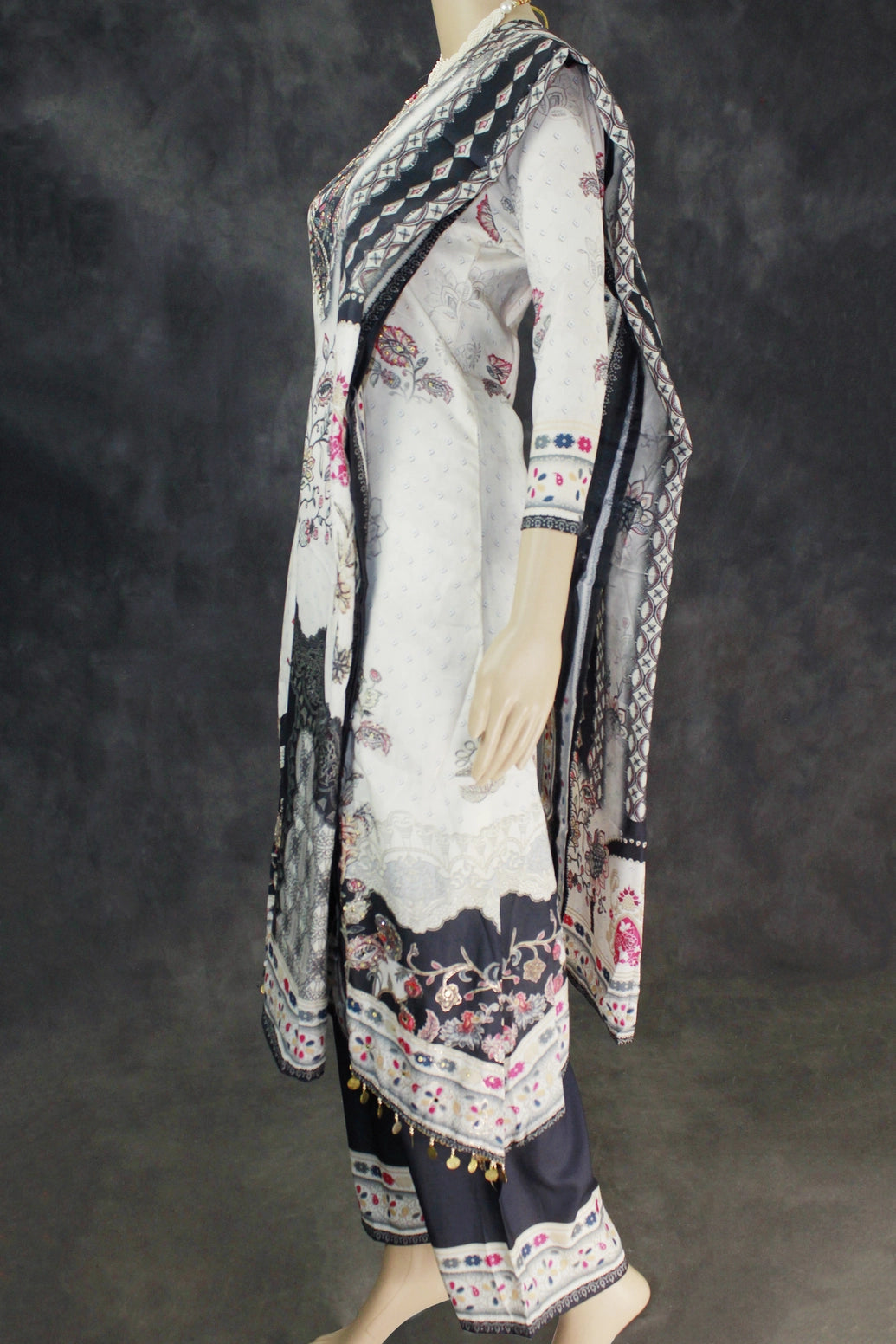 Light Cream Designer Crepe 3-Piece Salwar Suit with Mirror & Stone Work - Kurti, Pant & Cotton Dupatta