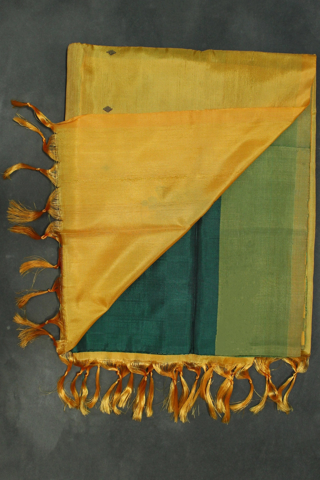 Saffron Yellow Vaazhai Naar (Banana Pith) Saree with Green Pallu and Small Butta - Borderless Traditional Saree