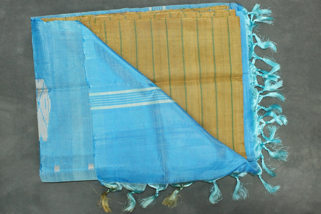 Sea Blue Vaazhai Naar (Banana Pith) Borderless Saree with Small Butta - from Aruppukottai