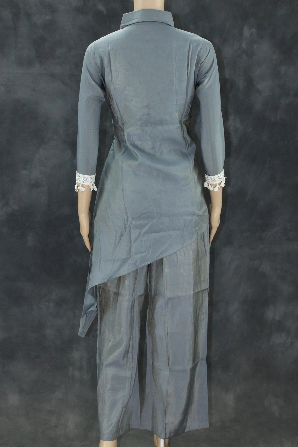 Grey Cotton-Rayon Pakistani Collar Kurti Two-Piece Set with Mirror Work and White Lace Border — Top with Elastic Pants Kurti JCS Fashions