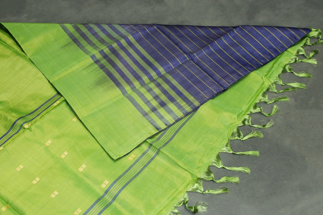 Green Vaazhai Naar (Banana Pith) Borderless Saree with Gold-Coloured Buttas and Navy Pallu