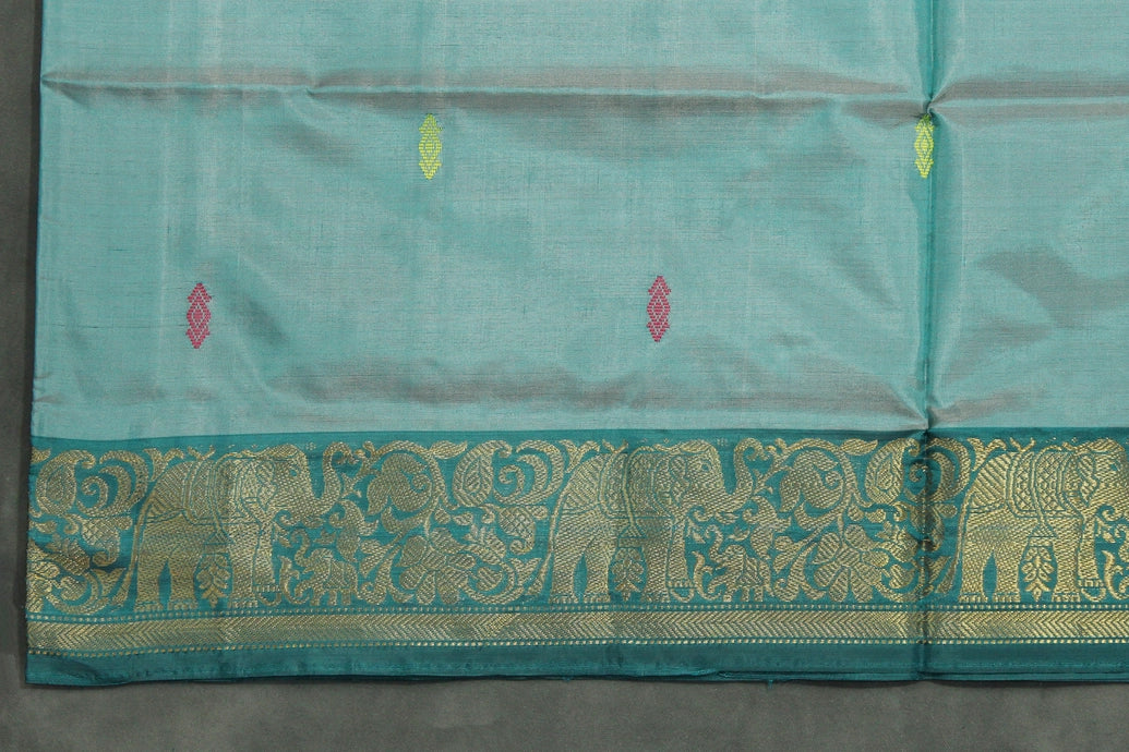 Teal and Maroon Vaazhai Naar Saree with Zari Border and Small Buttas